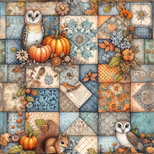 May include: A seamless pattern design featuring a patchwork of squares in shades of blue, orange, and beige. The design includes illustrations of pumpkins, owls, squirrels, and floral elements. The text "SEAMLESS PATTERN" and "COMMERCIAL USE INCLUDED" are displayed.
