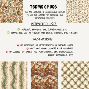 a collection of various patterns and images, including a repeating pattern of foxes and pine trees, a floral pattern, and a geometric pattern. The image does not contain any text, and it is a collage of multiple images. The text provided is a list of permitted uses and restrictions for the graphic, but it does not include any descriptive text about the individual images.
