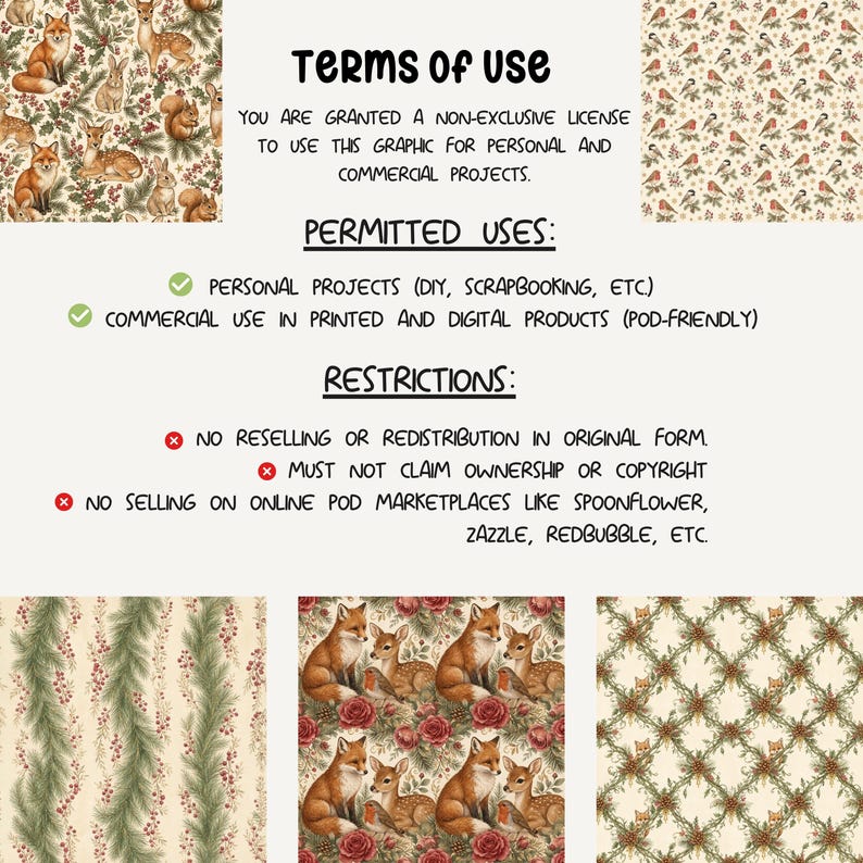 a collection of various patterns and images, including a repeating pattern of foxes and pine trees, a floral pattern, and a geometric pattern. The image does not contain any text, and it is a collage of multiple images. The text provided is a list of permitted uses and restrictions for the graphic, but it does not include any descriptive text about the individual images.