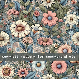 Naadloos bloemmotief, botanisch, wilde bloemen, vintage, digitaal patroon, direct downloaden, scrapbooking, commercieel gebruik, sublimatie, POD