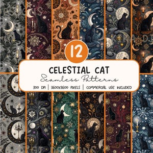 May include: A collection of 12 digital seamless patterns featuring black cats, crescent moons, stars, candles, and botanical elements in various colour palettes including dark blue, orange, green, and purple with the text 12 CELESTIAL CAT Seamless Patterns.