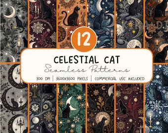 Celestial Cat Seamless Pattern Bundle, Moon Digital Paper PNG,  Sublimation Design, Repeat Pattern Digital Download