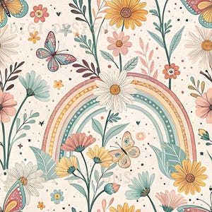 May include: A seamless pattern featuring a whimsical design with a rainbow, butterflies, and various flowers in pastel colors. The text "SEAMLESS PATTERN" is at the top, and "COMMERCIAL USE INCLUDED" is at the bottom.
