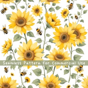 Patrón sin costuras de girasoles y abejas en acuarela. Patrón floral sin costuras. Patrón de tela. Patrón botánico. Licencia comercial. Cottagecore PNG.