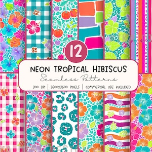 May include: A collection of 12 neon tropical hibiscus seamless patterns featuring vibrant floral, cherry, leopard print, and geometric designs. The image displays various colorful digital backgrounds with text reading NEON TROPICAL HIBISCUS.