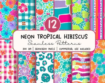 Neon Tropical Hibiscus Seamless Pattern Bundle,  Summer Floral Digital Paper PNG,  Sublimation Design, Repeat Pattern Digital Download