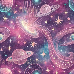 Puede incluir: Patrón sin costuras con un diseño de galaxia en acuarela, que presenta planetas, estrellas y elementos cósmicos arremolinados en tonos morados, rosas y turquesas. Se muestra el texto "SEAMLESS PATTERN" y "COMMERCIAL USE INCLUDED".
