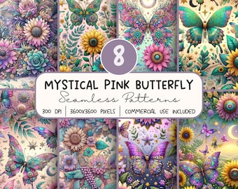 Mystical Pink Butterfly Seamless Pattern Bundle,  Whimsical Floral Digital Paper PNG,  Sublimation Design, Repeat Pattern Digital Download