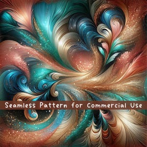 May include: A digital graphic featuring a seamless pattern of swirling, fluid lines in shades of teal, copper, and gold. The design includes sparkling, glitter-like textures throughout and a brown horizontal banner with the text Seamless Pattern for Commercial Use.