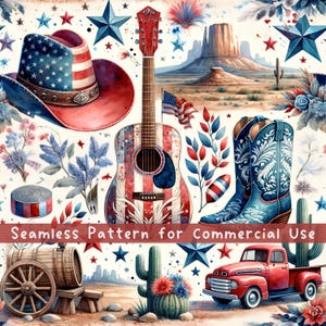 Modello senza cuciture Western 4 luglio Country Girl Pattern File per uso commerciale Carta digitale Patriottica Cowgirl senza cuciture ripetute PNG