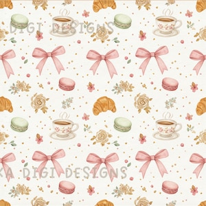 Könnte beinhalten: Aquarell-Nahtlosmuster mit Croissants, Macarons, Teetassen, Schleifen und floralen Elementen. Das Design enthält den Text "Seamless Pattern" und "Commercial Use Included". Das Muster ist in sanften Pastellfarben gehalten.