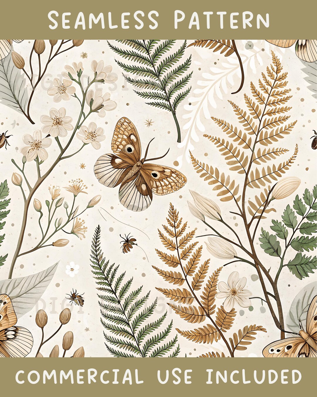 Boho Botanical Floral and Moth Seamless Pattern Repeat Fabric Pattern ...