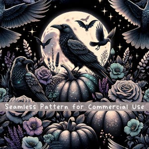 Dark Raven Pumpkin Seamless Pattern Halloween Sublimation Design Dark Cottagecore Aesthetics Witchy Halloween Repeating Digital File