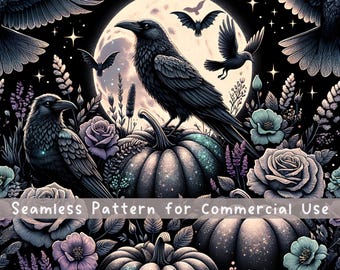 Motivo senza cuciture con zucca corvo scuro, design per sublimazione di Halloween, estetica dark cottagecore, Halloween da strega, file digitale ripetuto