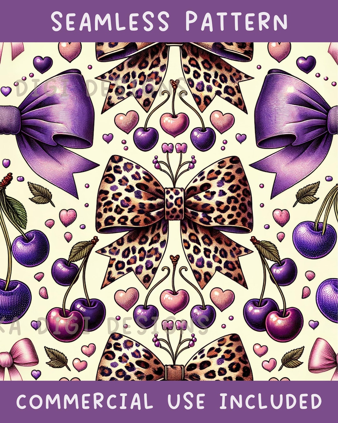 Purple Cherry Ribbon Seamless Pattern Repeat Fabric Pattern Digital ...