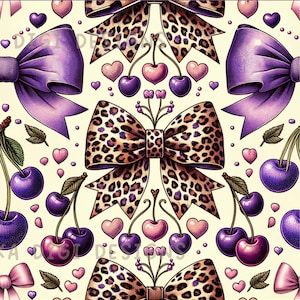 May include: Seamless pattern featuring purple bows, leopard print bows, cherries, and pink hearts on a cream background. The design includes the text "SEAMLESS PATTERN" and "COMMERCIAL USE INCLUDED".