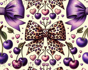 Purple Cherry Ribbon Seamless Pattern Repeat Fabric Pattern Digital Paper Sublimation Design for Scrapbooking Digital Download PNG Bow