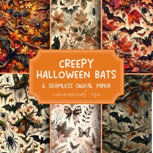 Könnte beinhalten: Eine Sammlung von sechs nahtlosen digitalen Papiermustern mit Halloween-Motiven wie Fledermäusen, Spinnen, Herbstblättern, Zweigen und Katzen. Das orangefarbene Etikett in der Mitte zeigt den Text CREEPY HALLOWEEN BATS 6 SEAMLESS DIGITAL PAPER commercial use.