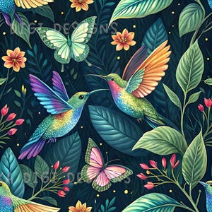 Motif sans couture colibri et papillon pour tissu, papier numérique, sublimation, scrapbooking, téléchargement PNG.