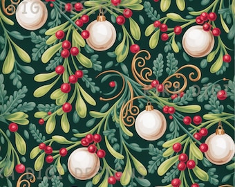 Christmas Ornament Mistletoe Seamless Pattern Repeat Fabric Pattern Digital Paper Sublimation Design for Scrapbooking Digital Download PNG