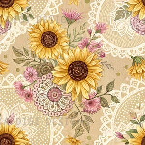 May include: A seamless pattern featuring sunflowers, pink flowers, and green leaves on a beige background. The design includes decorative lace-like elements and the text "SEAMLESS PATTERN" and "COMMERCIAL USE INCLUDED".
