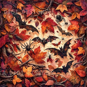 May include: A seamless pattern featuring bats, spiders, and autumn leaves in shades of red, orange, and brown. The design includes the text "SEAMLESS PATTERN" and "COMMERCIAL USE INCLUDED".