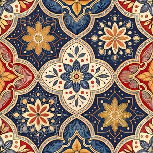 Blue Orange Floral Tile Seamless Pattern Repeat Fabric Pattern Digital Paper Sublimation Design for Scrapbooking Digital Download PNG