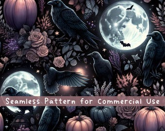 Månen Korp Pumpa Sömlöst Mönster Halloween Sublimering Design Mörk Cottagecore Estetik Häxig Halloween Månen Upprepande Digital Fil