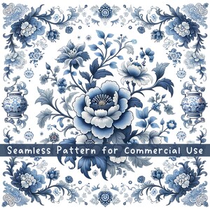 Può includere: Un motivo senza cuciture con disegni floreali blu e bianchi caratterizzato da complessi fiori simili a peonie, foglie a volute e piccoli vasi decorativi. Il design include il testo Seamless Pattern for Commercial Use centrato.
