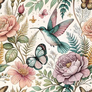 Diseño de tela con estampado botánico de colibríes y rosas sin costuras, diseño digital para sublimación de papel scrapbooking, descarga digital PNG.