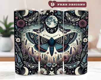 Gothic Moth Witchy Vibes Celestial Tumbler Wrap, 20 oz Skinny Tumbler Sublimation Design, Wiccan Witch Tumbler, Digital Download PNG