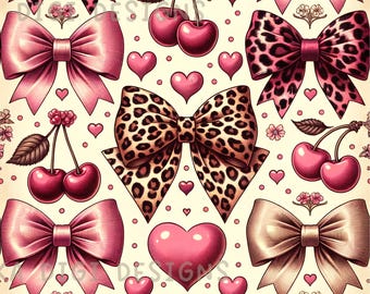 Pink Cherry Bows Seamless Pattern Repeat Fabric Pattern Digital Paper Sublimation Design for Scrapbooking Digital Download PNG Leopard Bow