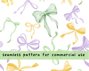 Patrón sin costuras de lazos de Mardi Gras, lazos repetidos sin costuras, patrón repetitivo para uso comercial, lazos morados, lazos verdes, lazos amarillos, png digital