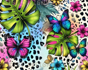 Monstera Butterfly Seamless Pattern Repeat Fabric Pattern Digital Paper Sublimation Design for Scrapbooking Digital Download PNG Leopard