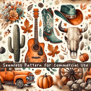 Modello autunnale di zucca western senza soluzione di continuità, design rustico vintage in sublimazione, file ripetuto con motivo cowboy per uso commerciale digitale