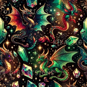 May include: A seamless pattern featuring colourful dragons with iridescent wings and sharp horns, interspersed with glowing geometric crystals and sparkling stars on a black background. The text SEAMLESS PATTERN and COMMERCIAL USE INCLUDED appears.