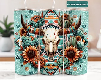 Western Tumbler Wrap, 20 oz Tumbler Sublimation Designs, Country Tumbler Wrap, Boho Cow Skull Tumbler, Country Girl Tumbler,Digital Download