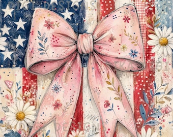 Patriotic Pink Bow Seamless Pattern Repeat 4th of July Fabric Pattern Digital Paper Sublimation Design for Scrapbooking Digital Download PNG
