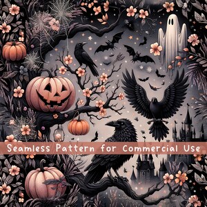 Dark Raven Pumpkin Seamless Pattern Halloween Sublimation Design Dark Cottagecore Aesthetics Witchy Halloween Ghost Repeating Digital File