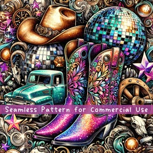 May include: A seamless pattern featuring a brown cowboy hat, a teal vintage truck, a disco ball, and a pair of glittery purple cowboy boots with floral designs. The text Seamless Pattern for Commercial Use is printed across the center.