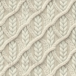 May include: A seamless pattern with a cream-coloured knitted design. The pattern shows a repeating cable knit texture with diamond shapes and leaf-like details. The text "SEAMLESS PATTERN" and "COMMERCIAL USE INCLUDED" are visible.