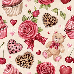 Teddy Bear Girly Seamless Pattern Baking Cupcakes Hearts Fabric Pattern Sublimation Design Digital Download Wallpaper Valentine's Day PNG