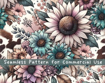Cow Fur Sunflowers Seamless pattern Flower Seamless Pattern Fabric PNG Repeat Pattern Commercial License Boho Cow Print Fabric Design