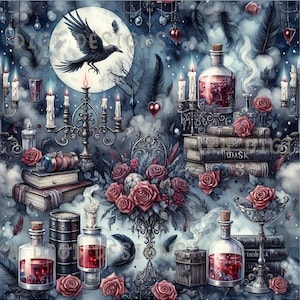 May include: Seamless pattern with a gothic theme. Features a full moon, a crow, candles, potion bottles, roses, and books. The color palette includes shades of gray, blue, and red. Text includes "SEAMLESS PATTERN" and "COMMERCIAL USE INCLUDED".