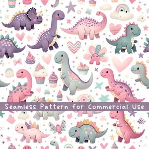 Dinosaur Girl Seamless pattern sublimation design Funny watercolor kawaii animal Digital PNG Repeat Pattern Commercial License Fabric Design