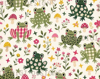 Cute Patterned Frog Mushroom Seamless Pattern Repeat Fabric Pattern Digital Paper Sublimation Design for Scrapbooking Digital Download PNG