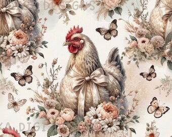 Pink Coquette Hen Seamless Pattern Repeat Fabric Pattern Digital Paper Sublimation Design for Scrapbooking Digital Download PNG Floral