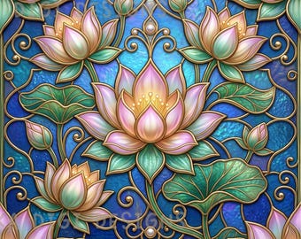 Glass Lotus Seamless Pattern Repeat Fabric Pattern Digital Paper Sublimation Design for Scrapbooking Digital Download PNG Floral