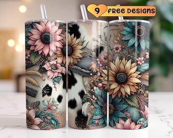 Cow Print Sunflowers Tumbler Wrap 20oz Tumbler Sublimation Design Boho Tumbler Wrap Seamless 20 oz Skinny Tumbler Digital Download png