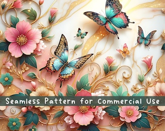 May include: A seamless pattern featuring pink and teal flowers with green leaves, gold swirling vines, and butterflies in shades of blue, teal, and pink against a white marble background. The text Seamless Pattern for Commercial Use is visible.